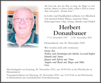 Traueranzeige von Herbert Donaubauer von Der Westallgäuer