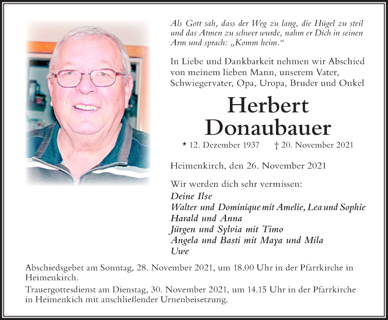  Traueranzeige für Herbert Donaubauer vom 26.11.2021 aus Der Westallgäuer