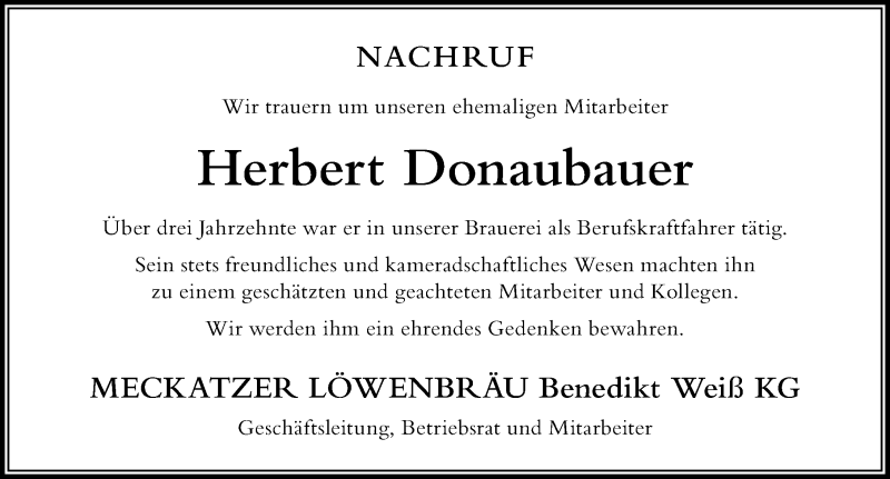  Traueranzeige für Herbert Donaubauer vom 30.11.2021 aus Der Westallgäuer