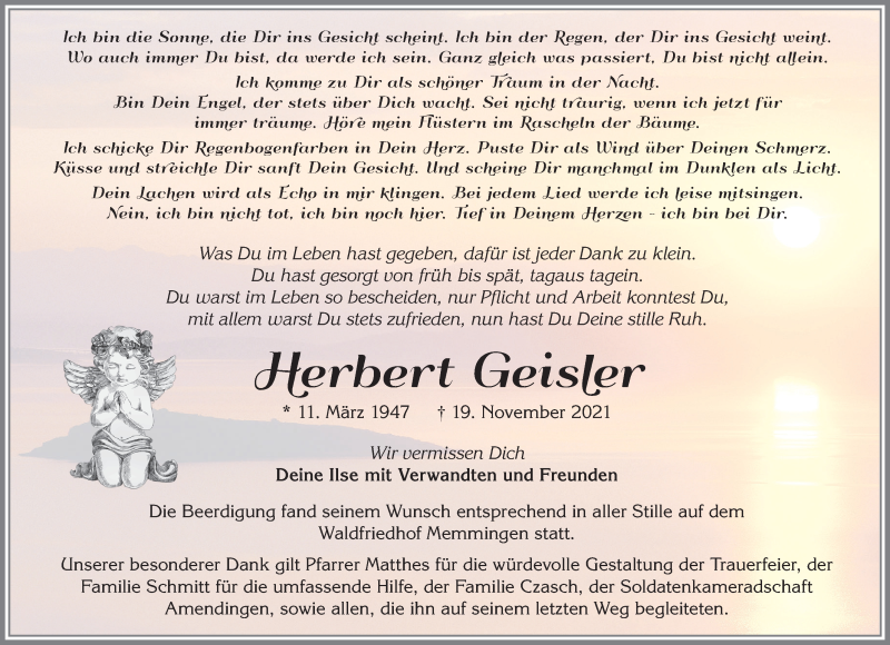  Traueranzeige für Herbert Geisler vom 27.11.2021 aus Memminger Zeitung
