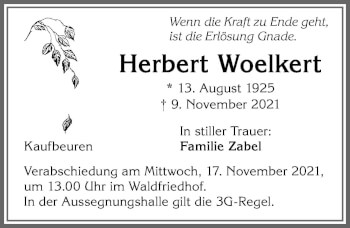 Traueranzeige von Herbert Woelkert von Allgäuer Zeitung, Kaufbeuren/Buchloe