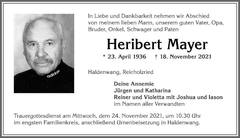  Traueranzeige für Heribert Mayer vom 22.11.2021 aus Allgäuer Zeitung,Kempten