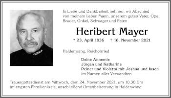 Traueranzeige von Heribert Mayer von Allgäuer Zeitung,Kempten