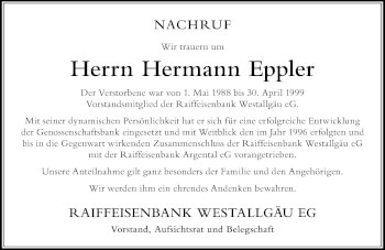 Traueranzeige von Hermann Eppler von Der Westallgäuer