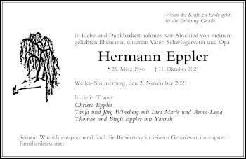 Traueranzeige von Hermann Eppler von Der Westallgäuer