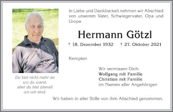 Traueranzeige von Hermann Götzl von Allgäuer Zeitung,Kempten