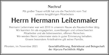 Traueranzeige von Hermann Leitenmaier von Allgäuer Zeitung, Füssen