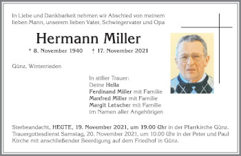 Traueranzeige von Hermann Miller von Memminger Zeitung