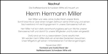 Traueranzeige von Hermann Miller von Memminger Zeitung