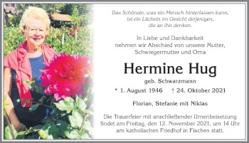 Traueranzeige von Hermine Hug von Allgäuer Anzeigeblatt