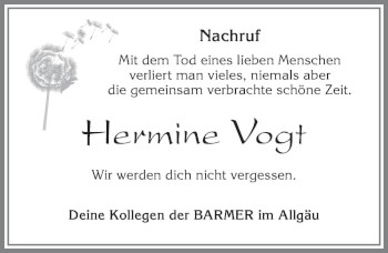 Traueranzeige von Hermine Vogt von Allgäuer Zeitung, Marktoberdorf