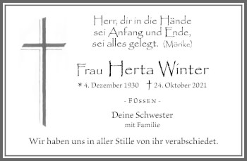 Traueranzeige von Herta Winter von Allgäuer Zeitung, Füssen