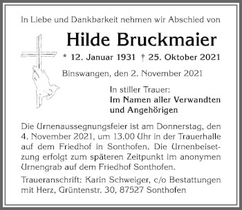 Traueranzeige von Hilde Bruckmaier von Allgäuer Anzeigeblatt