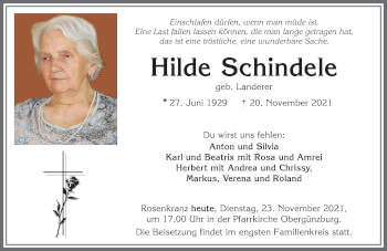 Traueranzeige von Hilde Schindele von Allgäuer Zeitung, Marktoberdorf
