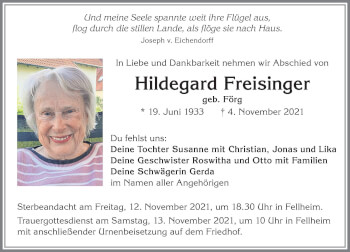 Traueranzeige von Hildegard Freisinger von Memminger Zeitung
