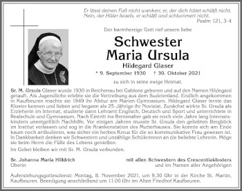Traueranzeige von Hildegard Glaser von Allgäuer Zeitung, Kaufbeuren/Buchloe