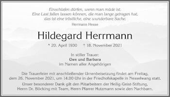 Traueranzeige von Hildegard Herrmann von Allgäuer Zeitung, Füssen