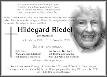 Traueranzeige von Hildegard Riedel von Allgäuer Zeitung, Marktoberdorf