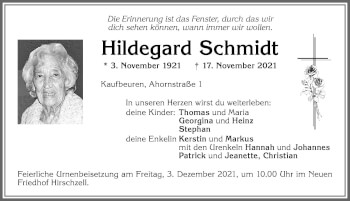 Traueranzeige von Hildegard Schmidt von Allgäuer Zeitung, Kaufbeuren/Buchloe
