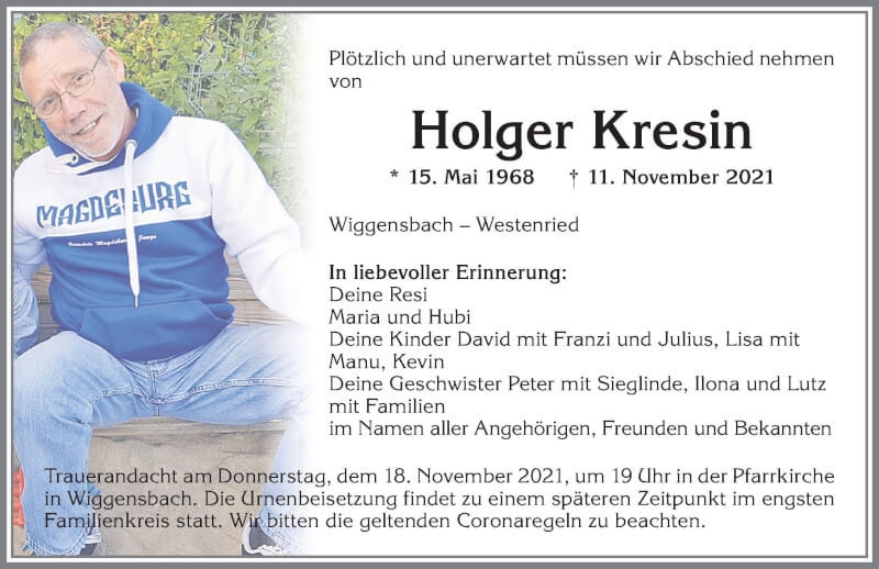  Traueranzeige für Holger Kresin vom 16.11.2021 aus Allgäuer Zeitung,Kempten