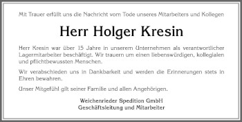Traueranzeige von Holger Kresin von Allgäuer Zeitung,Kempten