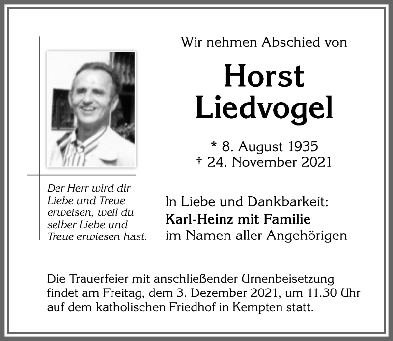  Traueranzeige für Horst Liedvogel vom 30.11.2021 aus Allgäuer Zeitung,Kempten