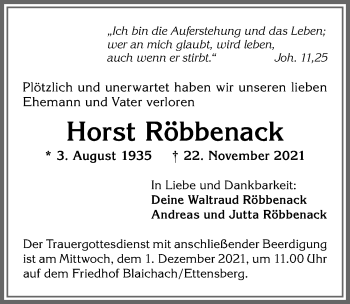 Traueranzeige von Horst Röbbenack von Allgäuer Anzeigeblatt