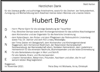 Traueranzeige von Hubert Brey von Der Westallgäuer