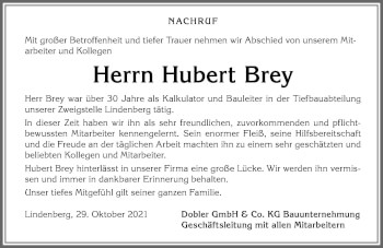 Traueranzeige von Hubert Brey von Der Westallgäuer