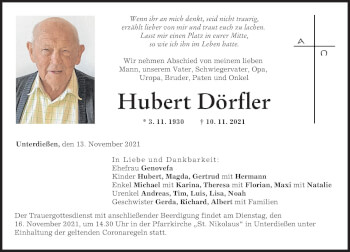 Traueranzeige von Hubert Dörfler von Allgäuer Zeitung