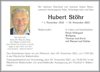 Traueranzeige von Hubert Stöhr von Allgäuer Zeitung,Kempten