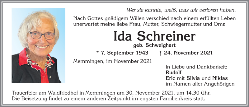  Traueranzeige für Ida Schreiner vom 27.11.2021 aus Memminger Zeitung