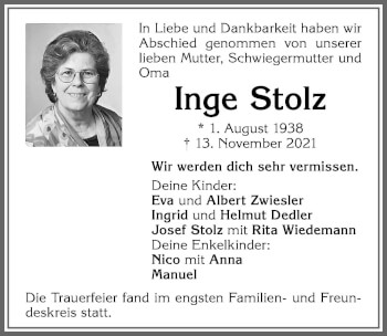 Traueranzeige von Inge Stolz von Allgäuer Zeitung,Kempten