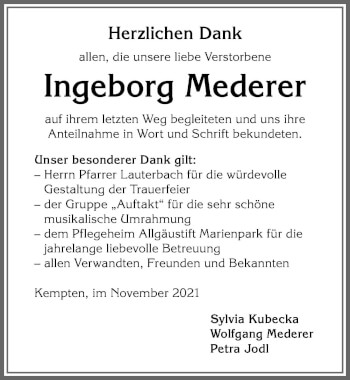 Traueranzeige von Ingeborg Mederer von Allgäuer Zeitung,Kempten