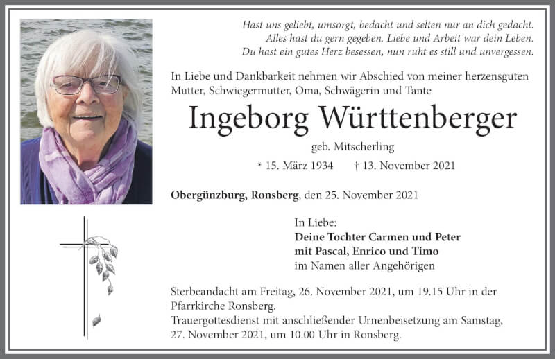  Traueranzeige für Ingeborg Württenberger vom 25.11.2021 aus Allgäuer Zeitung, Marktoberdorf
