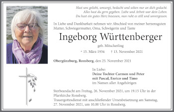 Traueranzeige von Ingeborg Württenberger von Allgäuer Zeitung, Marktoberdorf