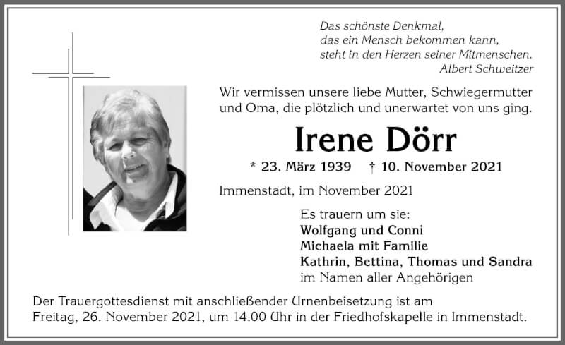  Traueranzeige für Irene Dörr vom 18.11.2021 aus Allgäuer Anzeigeblatt