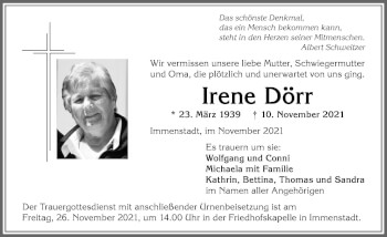 Traueranzeige von Irene Dörr von Allgäuer Anzeigeblatt