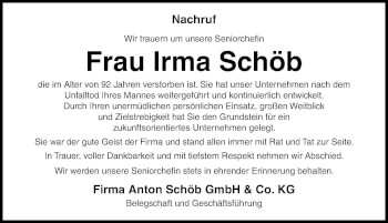 Traueranzeige von Irma Schöb von Allgäuer Zeitung