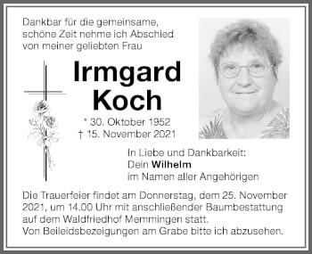 Traueranzeige von Irmgard Koch von Memminger Zeitung