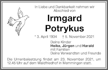 Traueranzeige von Irmgard Potrykus von Memminger Zeitung
