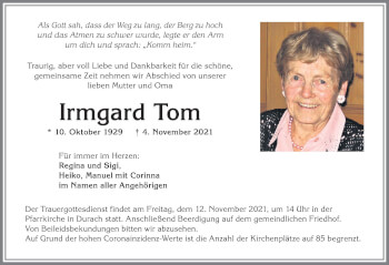 Traueranzeige von Irmgard Tom von Allgäuer Zeitung,Kempten