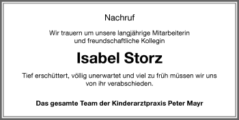 Traueranzeige von Isabel Storz von Memminger Zeitung