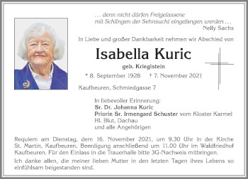 Traueranzeige von Isabella Kuric von Allgäuer Zeitung, Kaufbeuren/Buchloe