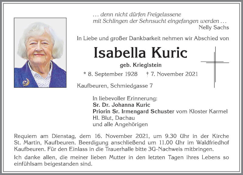  Traueranzeige für Isabella Kuric vom 13.11.2021 aus Allgäuer Zeitung, Kaufbeuren/Buchloe
