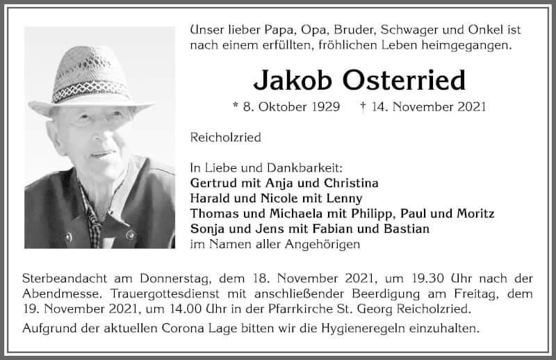  Traueranzeige für Jakob Osterried vom 17.11.2021 aus Allgäuer Zeitung,Kempten