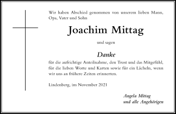 Traueranzeige von Joachim Mittag von Der Westallgäuer