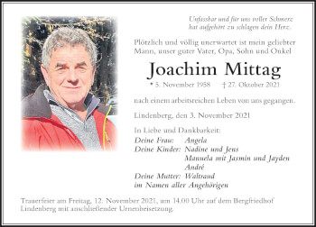 Traueranzeige von Joachim Mittag von Der Westallgäuer