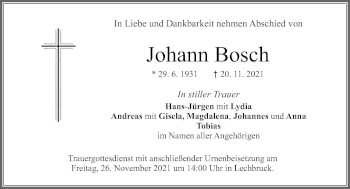 Traueranzeige von Johann Bosch von Allgäuer Zeitung, Füssen
