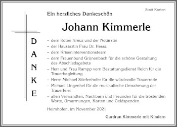 Traueranzeige von Johann Kimmerle von Allgäuer Zeitung